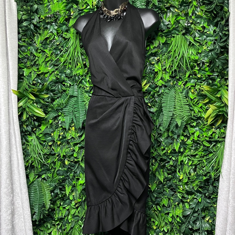 Vintage Albert Nipon Size 10 Dress Black Ribbed Halter Midi Ruffle Wrap 3860
